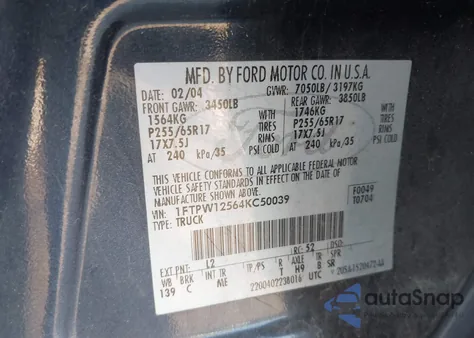 2004 Ford F-150 Lariat/Xlt from USA, damaged, VIN 1FTPW12564KC50039